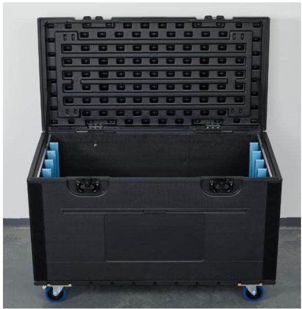 Real catalog photo — large PE LED transport case open, blue EVA end-blocks bracing the panel cavity